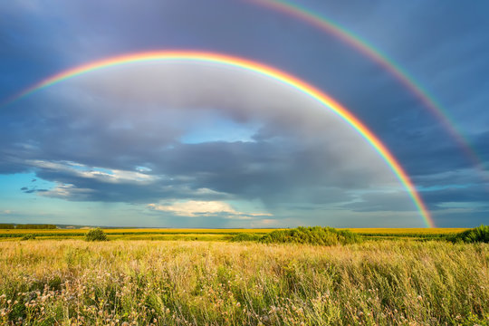 Rainbow over stormy sky. Rural landscape with rainbow over dark stormy sky in a countryside at summer day. © sborisov