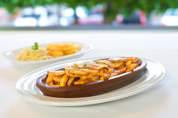 Traditional Turkish Casserole or stew meal food dish on the restaurant table