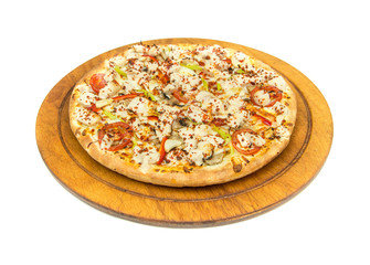 Delicious, fresh and tasty italian chicken pizza isolated on white. View of chicken pizza in restaurant at napoli. Pizza on wooden pizza board or plate from top view.
