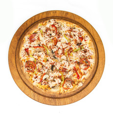 Delicious, fresh and tasty italian chicken pizza isolated on white. View of chicken pizza in restaurant at napoli. Pizza on wooden pizza board or plate from top view.