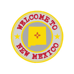 Vector Stamp of welcome to New Mexico with states flag on map outline in the center.