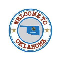 Vector Stamp of welcome to Oklahoma with states flag on map outline in the center.