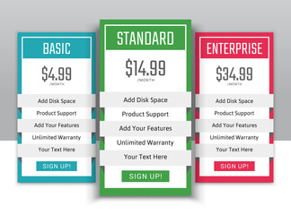 Pricing table in flat design style for your app's websites and applications.Hosting table banner.eps10 