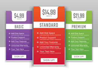 Pricing table in flat design style for your app's websites and applications.Hosting table banner.eps10 