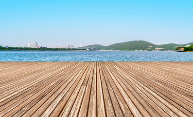 Fototapeta premium Empty Plaza Floor Bricks and Beautiful Natural Landscape