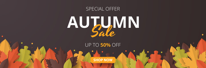 Obraz premium Autumn Sale banner template. Folded Paper art. Vector illustration