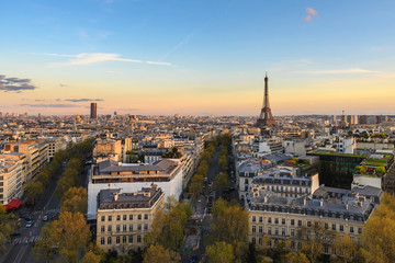 Paris France aerial view city skyline at Eiffel Tower and Champs Elysees street