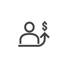 employee salary increase icon on white background with people, arrow up graphic and dollar money symbol. raise revenue business cost concept. investment growth or rising prices vector illustration