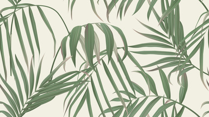 Nahtloses Blumenmuster, grüne Bambuspalmenblätter auf hellbraunem Hintergrund, pastellfarbenes Vintage-Thema