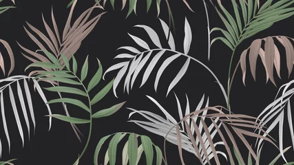 Selbstklebende Fototapeten Floral seamless pattern, green, brown and white bamboo palm leaves on dark gray background, pastel vintage theme © momosama