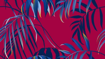 Muurstickers Floral seamless pattern, blue bamboo palm leaves on red background, pastel vintage theme © momosama