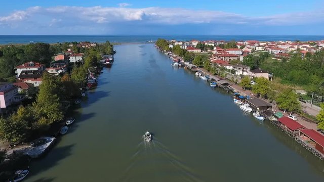SAKARYA RIVER FROM THE AIR, FISHING BOAT IS GOING FISHING