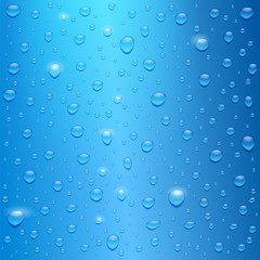 Water drops on blue background. Realistic droplets with glow from the sun, vector 3d illustration.