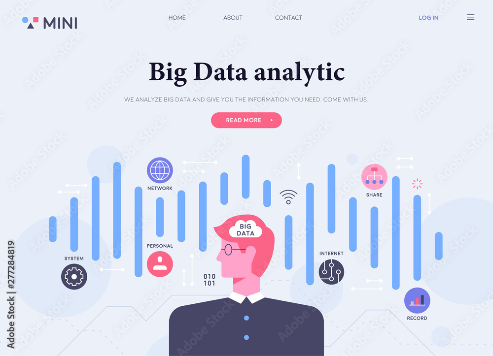 Poster big data design icons and characters. web design main page concept template.