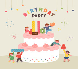 Cute kids are making huge cakes. Happy Birthday Card Illustration.