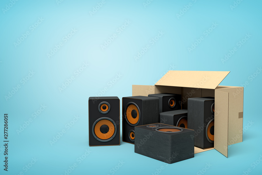 Aufkleber 3d rendering of cardboard box lying sidelong with black audio speakers inside and three outside on l