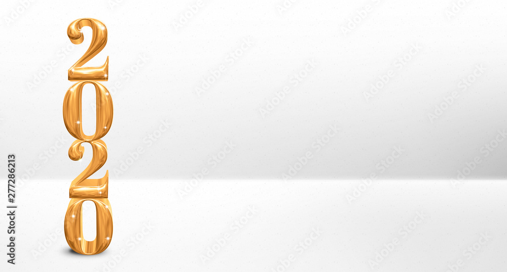 Poster golden new year 2020 number (3d rendering) on white studio room backdrop,leave copy space for adding
