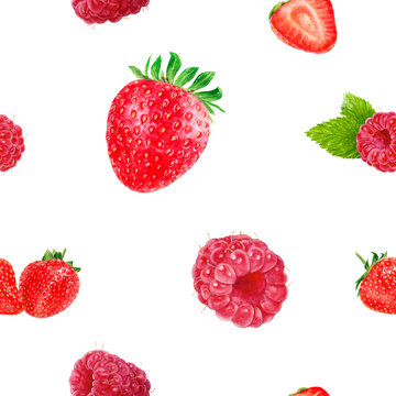 Watercolor hand drawn strawberry, raspberry isolated seamless pattern.
