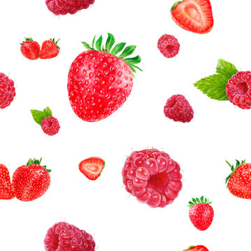 Watercolor hand drawn strawberry, raspberry isolated seamless pattern.