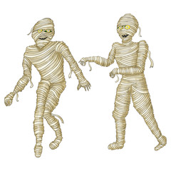 Egyptian mummy Boy in Halloween mummy costume laughing scarring.