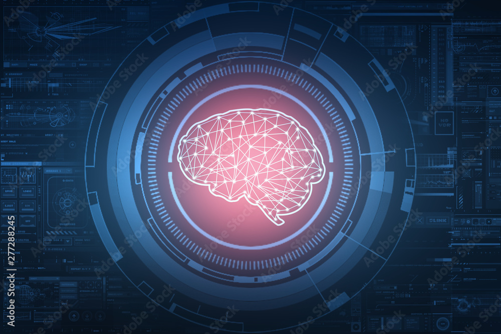 Poster 2d illustration concept of thinking, background with brain, abstract artificial intelligence. techno