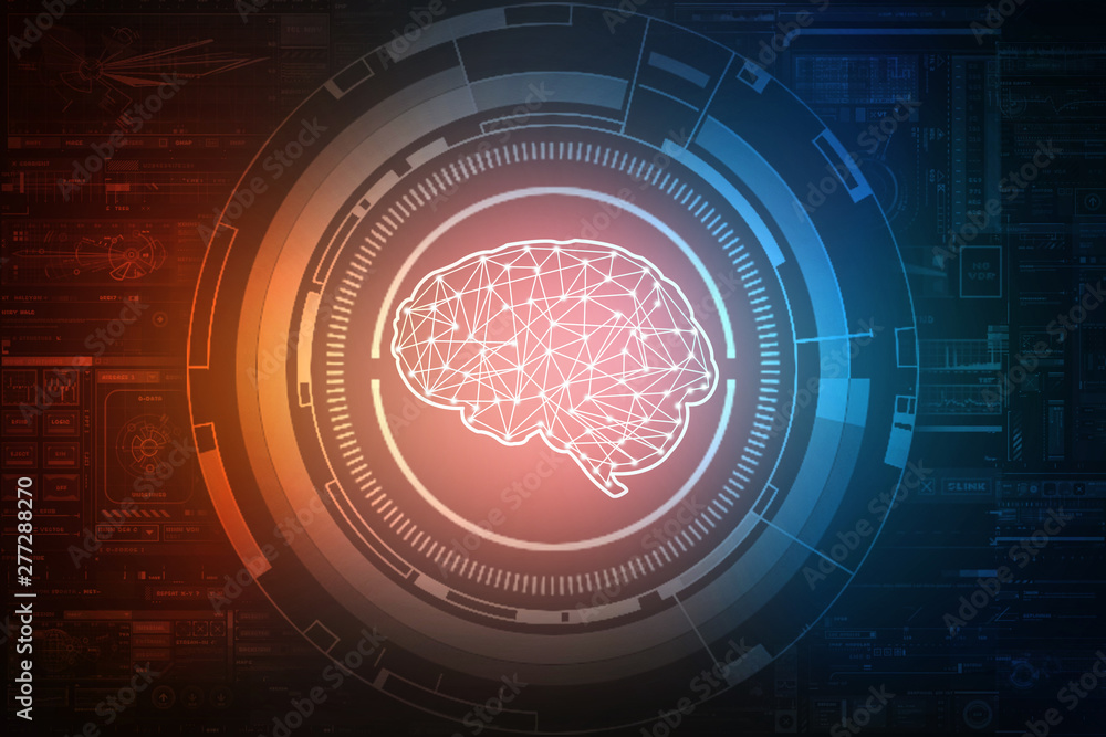 Poster 2d illustration concept of thinking, background with brain, abstract artificial intelligence. techno