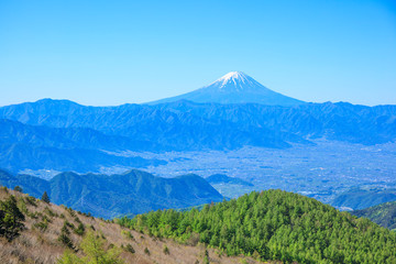 乾徳山から望む富士山と甲府盆地　山梨県　山梨市