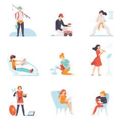 People Enjoying Various Hobbies Set, People Fishing, Driving Car, Doing Karate, Playing Flute, Reading Book, Embroidering Vector Illustration