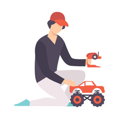 Young Man playing with Radio Controlled Car, Guy Holding Remote Control Olaying with Electric Car Vector Illustration