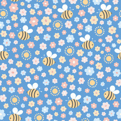 Seamless repeat of bees, flowers and sunshine. A sweet hand drawn vector floral and pollinator design ideal for children.