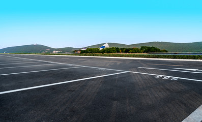 Fototapeta premium Empty Plaza Floor Bricks and Beautiful Natural Landscape