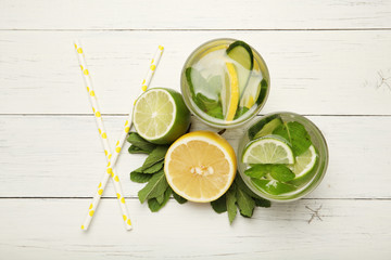 Fresh detox lemon water, healthy drink. Summer citrus lemonade.