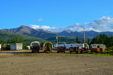 Wells Fargo horse wagons with mountains in the background and sunny blue sky above. Healy, Alaska, United States