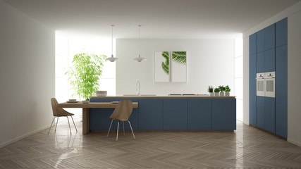 Modern clean contemporary blue kitchen, island and wooden dining table with chairs, bamboo and potted plants, big window and herringbone parquet floor, minimalist interior design