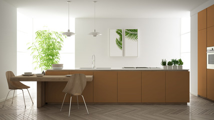 Modern clean contemporary orange kitchen, island and wooden dining table with chairs, bamboo and potted plants, big window and herringbone parquet floor, minimalist interior design