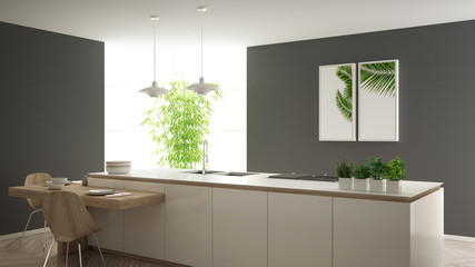 Modern clean contemporary white kitchen, island and wooden dining table with chairs, bamboo and potted plants, big window and herringbone parquet floor, minimalist interior design
