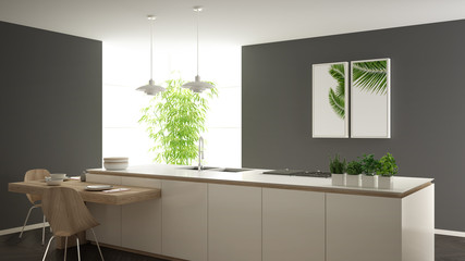 Modern clean contemporary white kitchen, island and wooden dining table with chairs, bamboo and potted plants, big window and herringbone parquet floor, minimalist interior design