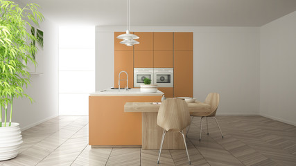 Modern clean contemporary orange kitchen, island and wooden dining table with chairs, bamboo and potted plants, big window and herringbone parquet floor, minimalist interior design