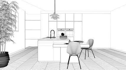 Blueprint project draft, modern clean contemporary kitchen, island and wooden dining table with chairs, bamboo and potted plants, window and parquet floor, interior design concept idea