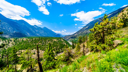 Rugged Mountains along the Fraser River and the Lytton-Lillooet Highway where Highway 12 follows the river for a very scenic drive on the east bank of the Fraser River in British Columbia, Canada