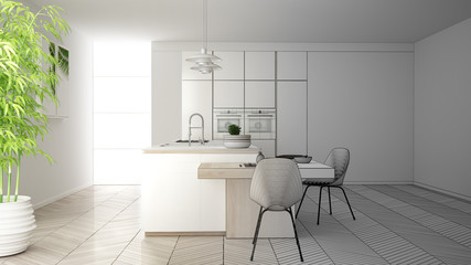 Architect interior designer concept: unfinished project that becomes real, modern contemporary kitchen, island and dining table with chairs, parquet floor, interior design concept idea