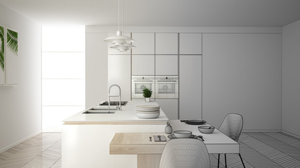 Architect interior designer concept: unfinished project that becomes real, modern contemporary kitchen, island and dining table with chairs, parquet floor, interior design concept idea