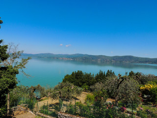 Landscape of Trasimeno Lake, the largest lake of the Italian peninsula, from the village of Monte del Lago.