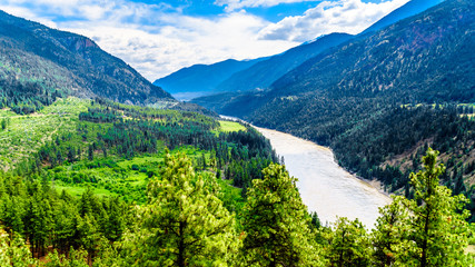 Fototapeta na wymiar Rugged Mountains along the Fraser River and the Lytton-Lillooet Highway where Highway 12 follows the river for a very scenic drive on the east bank of the Fraser River in British Columbia, Canada