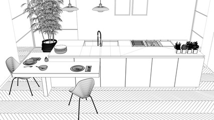 Blueprint project draft, modern clean contemporary kitchen, island and wooden dining table with chairs, bamboo and potted plants, window and parquet, interior design concept, top view