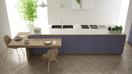 Modern clean contemporary purple kitchen, island and wooden dining table with chairs, bamboo and potted plants, big window and herringbone parquet floor, interior design, top view