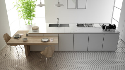 Architect interior designer concept: unfinished project that becomes real, modern contemporary kitchen, island and dining table with chairs, parquet, interior design concept, top view