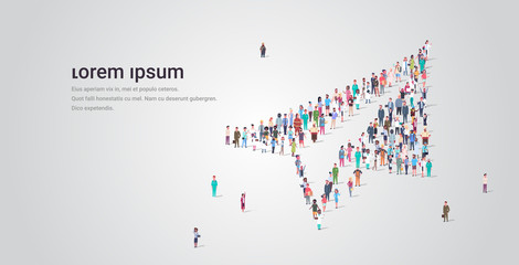 people crowd gathering in shape of paper plane icon social media community new startup concept different occupation employees group standing together full length horizontal copy space