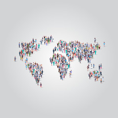 people crowd gathering in world map icon shape social media community travel concept different occupation employees group standing together full length