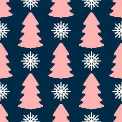 Seamless pattern with repeating colored silhouettes of snowflakes and Christmas trees. New year print. Vector illustration.